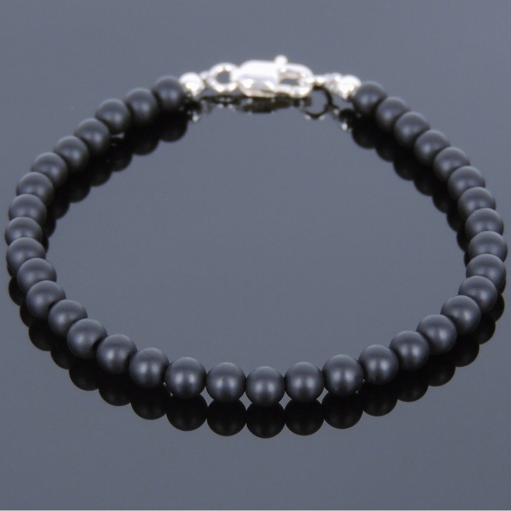 Mens Matte Black Onyx Bracelet Beaded sterling silver